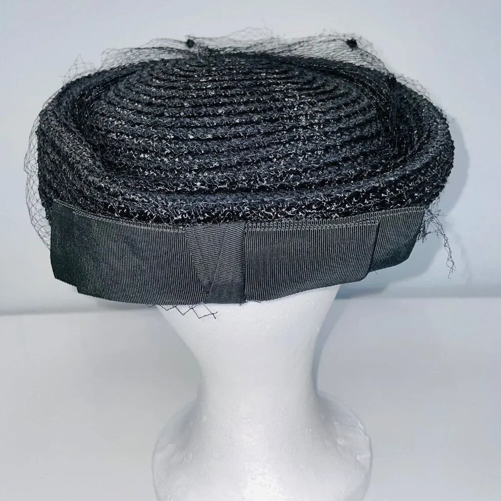 Vintage Womens Hat Black Pillbox Church Netting Bow Wedding Costume Theatre